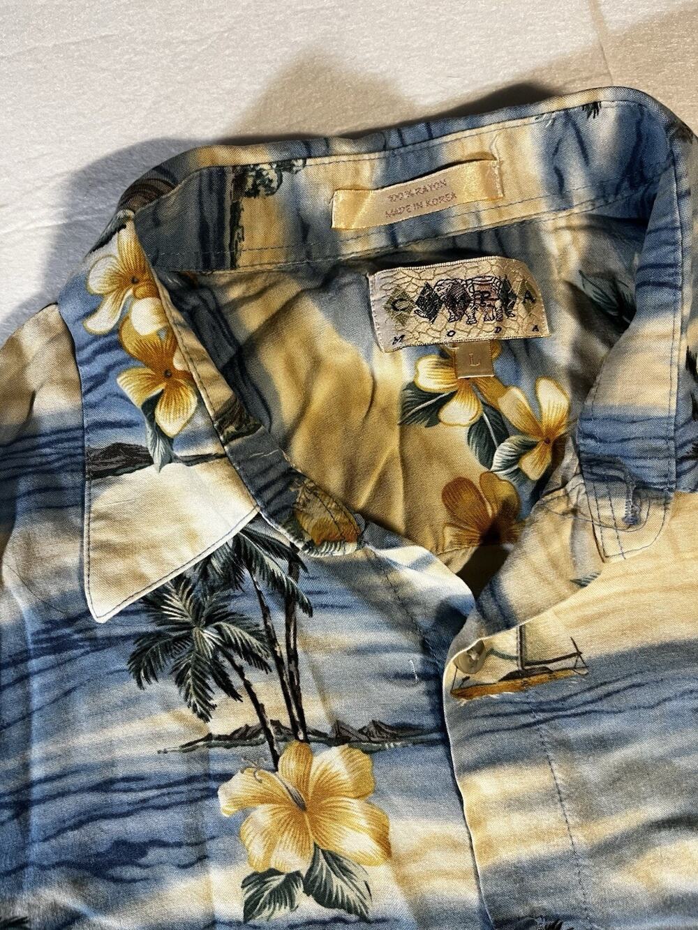 Vintage Campia Moda Hawaiian Shirt Mens L Rayon Palm Trees Hibiscus Sailboat